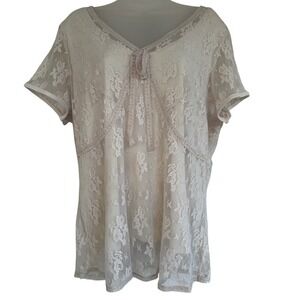 Lane Bryant Lace Overlay Tunic Top Beige Short Sleeve Women 18 Babydoll Y2K